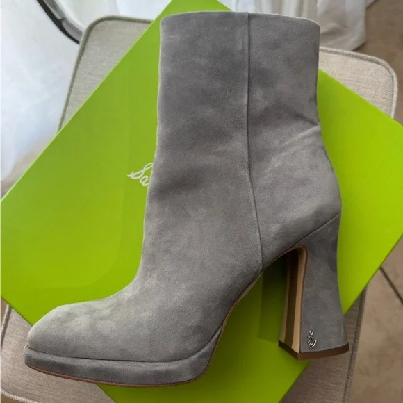 Sam Edelman‎ Jaye River Rock Heel Booties Gray Suede Ankle Boots - Picture 2 of 5